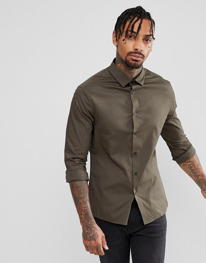 Asos Skinny Shirt In Dark Khaki - Green