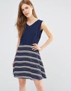 Yumi Tie Back Dress With Contrast Striped Skirt - Navy