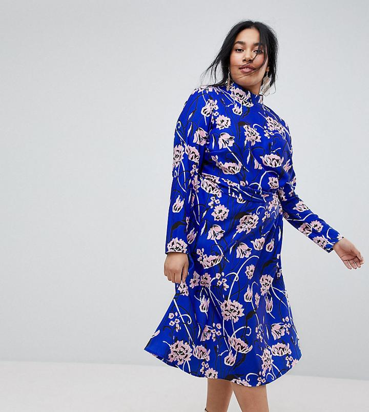Asos Curve Bright Floral High Neck Cut Out Midi Dress - Multi