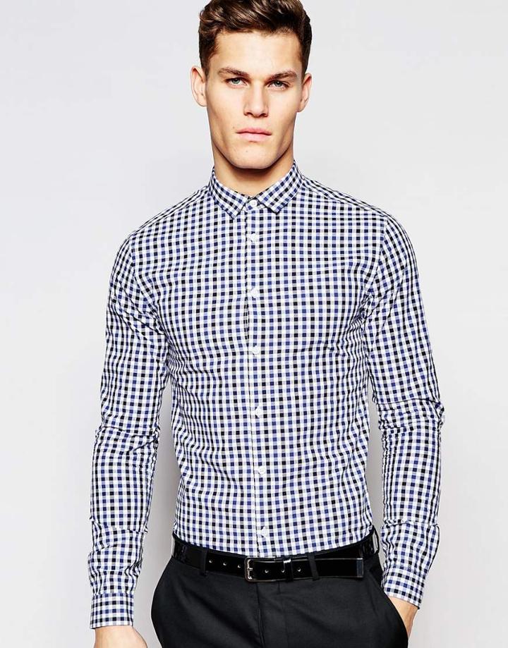 Asos Skinny Shirt In Black And Navy Gingham Check - Navy Black