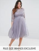 Little Mistress Plus Short Sleeve Lace Bodice Mini Dress With Tulle Skirt - Gray