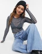 Weekday Sena Mesh Checkered Print Long Sleeve Top In Blue-multi