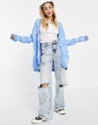 Asos Design Cardigan With Face Pattern In Blue-blues