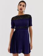 Three Floor Pleated Mini Dress With Lace Inserts-navy