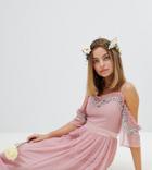 Maya Petite Cold Shoulder Sequin Detail Tulle Maxi Dress With Ruffle Detail-pink