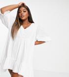 In The Style Plus X Lorna Luxe Tiered Smock Mini Dress With Tie Neck In White