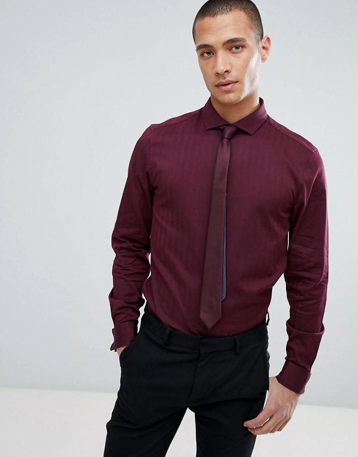 Asos Design Slim Shirt In Herringbone With Double Cuff & Cutaway Collar In Burgundy - Red