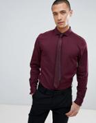 Asos Design Slim Shirt In Herringbone With Double Cuff & Cutaway Collar In Burgundy - Red