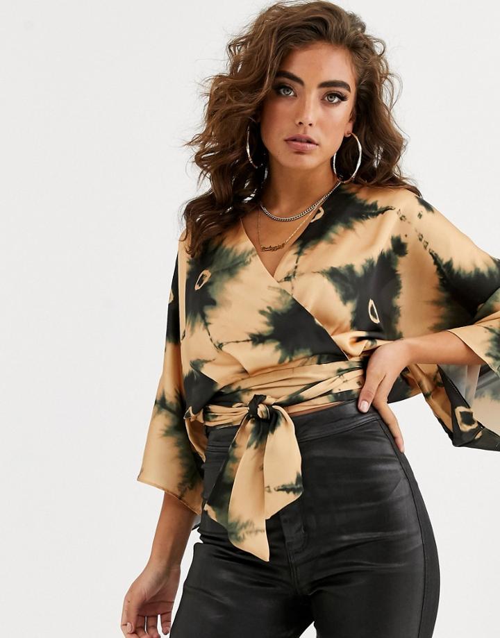 Asos Design Plunge Top With Batwing Sleeve In Satin Tie Dye Print-multi