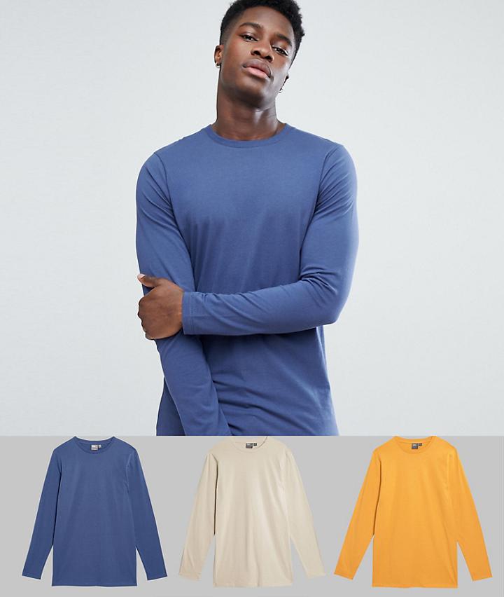 Asos 3 Pack Long Sleeve Longline Crew Neck T-shirt Save - Multi