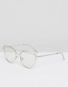 South Beach Cat Eye Clear Lens Glasses With Brow Bar - Silver
