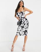 Asos Design Cami Cowl Neck Midi Dress In Mono Floral Print-multi