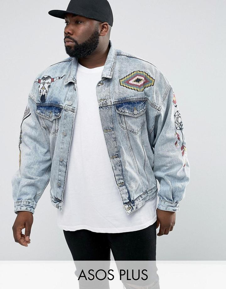 Asos Plus Oversized Denim Jacket With Embroidery In Blue Wash - Blue