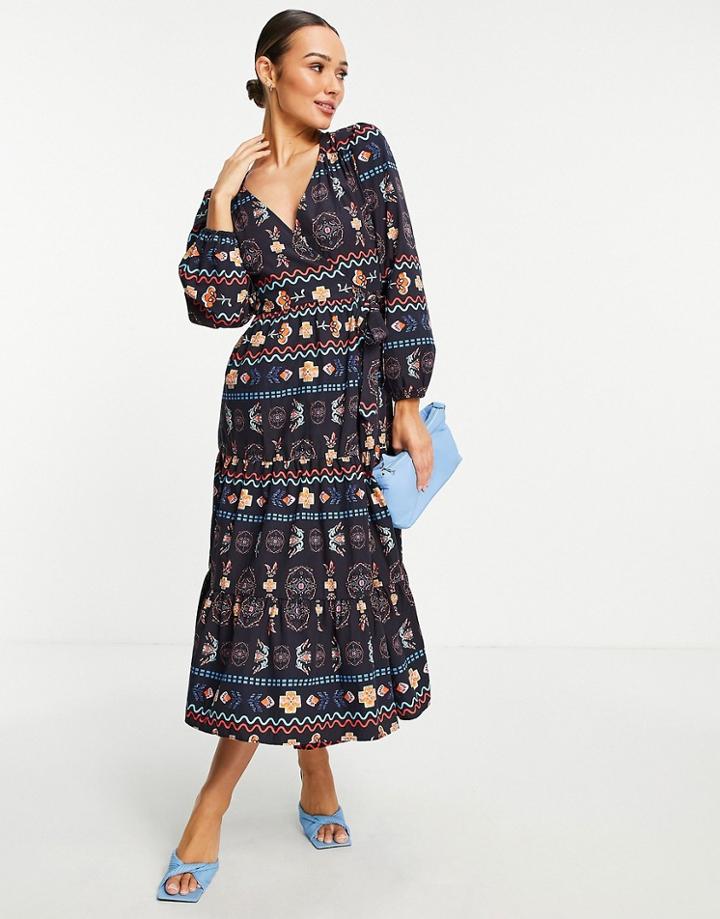 Never Fully Dressed Contrast Stitch Wrap Midi Dress In Black
