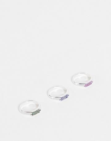 Topshop X3 Multipack Pastel Pave Rings In Silver