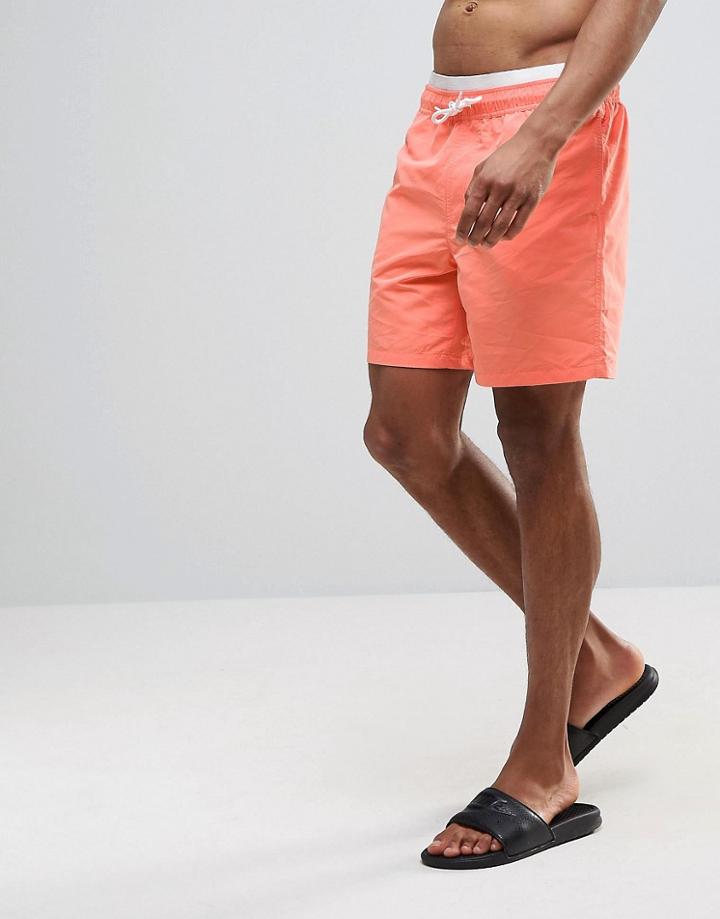 Asos Swim Shorts In Coral With Double Waistband In Mid Length - Pink
