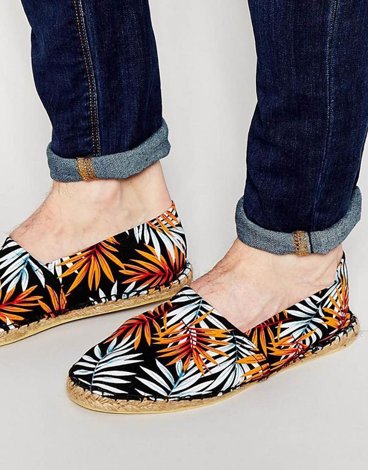 Asos Canvas Espadrilles In Black With Hawaiian Floral Print - Black