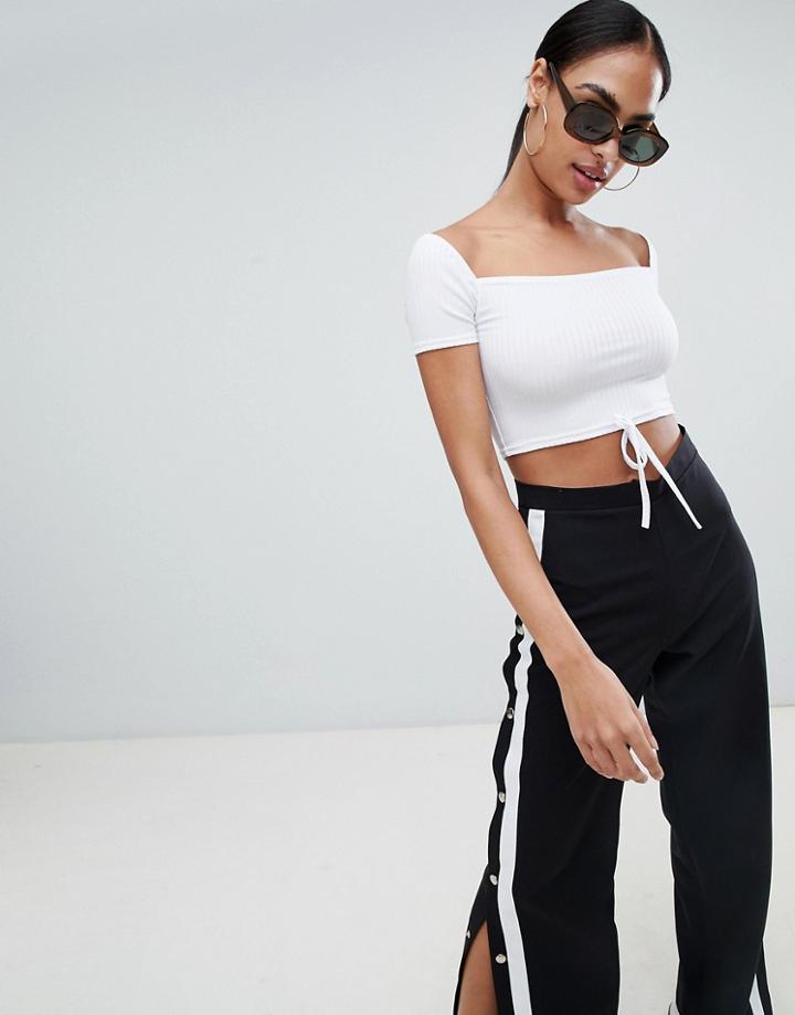 Prettylittlething Ribbed Tie Detail Crop Top - White