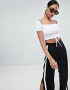 Prettylittlething Ribbed Tie Detail Crop Top - White