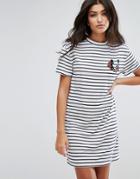 Daisy Street T-shirt Dress In Stripe With Bad Luck Embroidery - White
