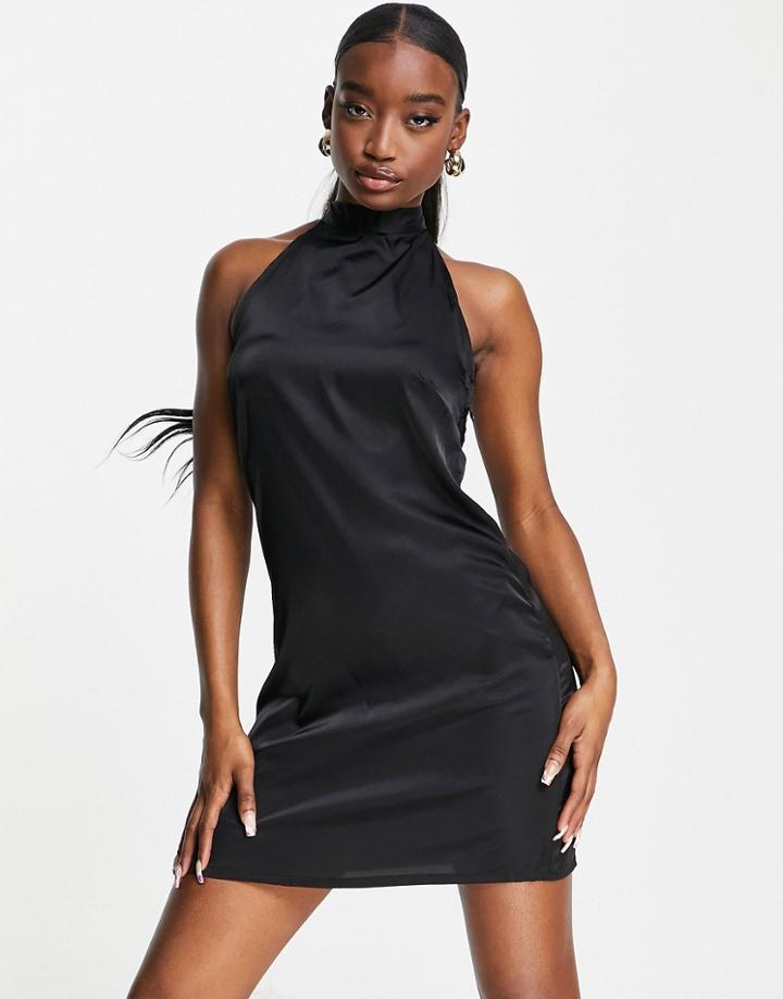 Naanaa Satin Body-conscious Tie Halter Neck In Black