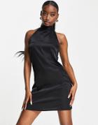 Naanaa Satin Body-conscious Tie Halter Neck In Black