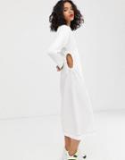 Asos Design V Neck Midi Dress With Cut Out Sides In Textured Fabric - White