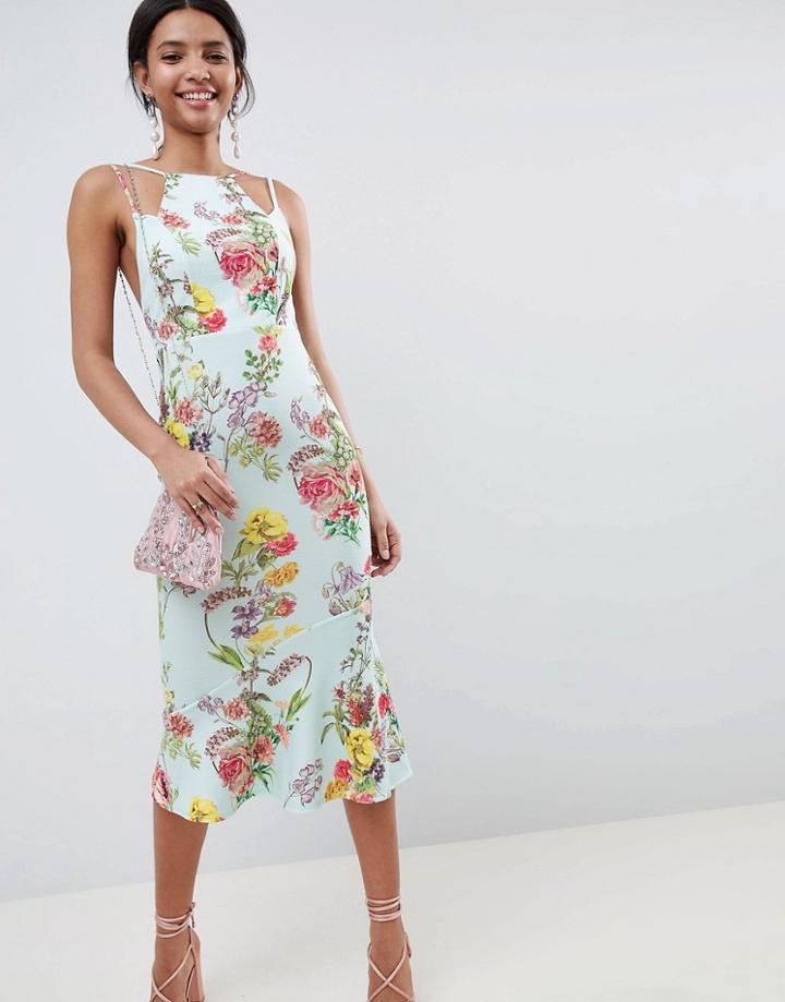Asos Design Double Strap Cami Floral Midi Bodycon Pephem Dress