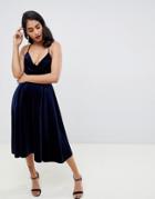 Asos Design Bonded Velvet Cami Wrap Prom Midi Dress - Navy