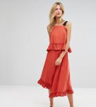 Asos Tall Cotton Maxi Dress With Ruffle Detail & Grosgrain Straps - Red
