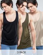 Asos 3 Pack Tank With Extreme Racer Back In Black/green/beige Save - Multi