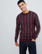 New Look Sweater With Crew Neck In Burgundy Stripe - Red