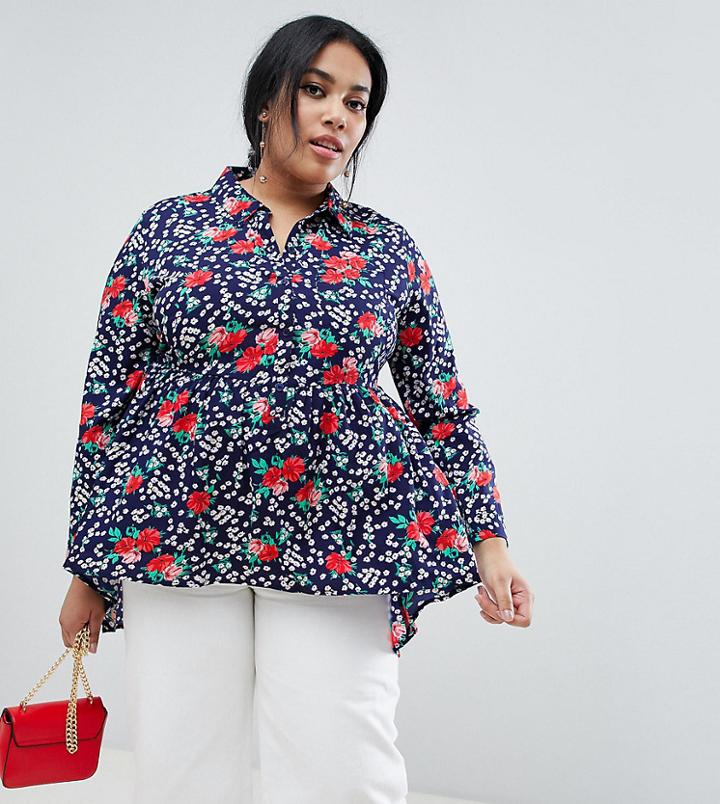 Influence Plus Floral Print Dim Hem Peplum Shirt - Black