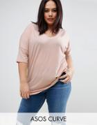 Asos Curve Oversized T-shirt With V Neck And Dip Back In Rib - Pink