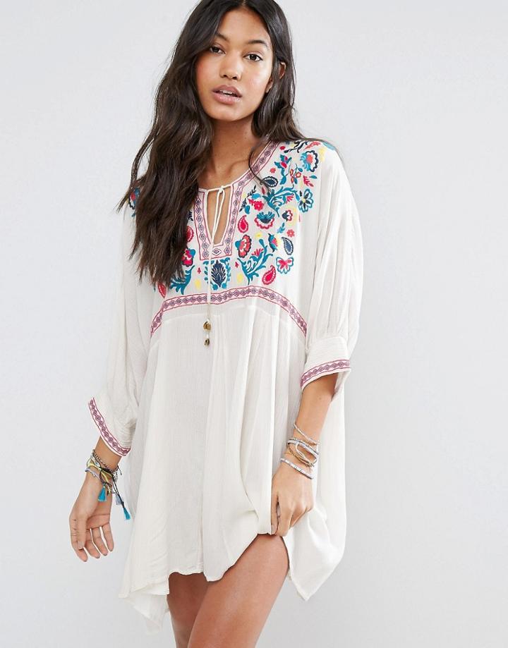 Billabong Relaxed Beach Smock Dress With Boho Embroidery - Cream