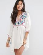 Billabong Relaxed Beach Smock Dress With Boho Embroidery - Cream