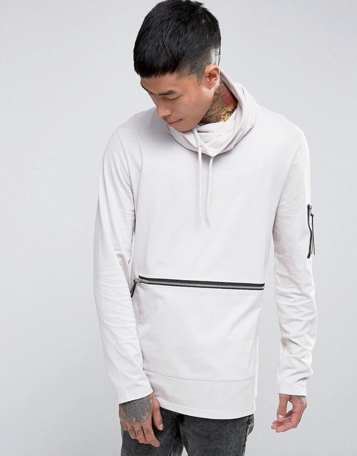 Asos Longline Long Sleeve T-shirt With Funnel Neck And Pocket Detail -