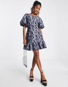 Topshop Jacquard Occasion Mini Dress In Blue