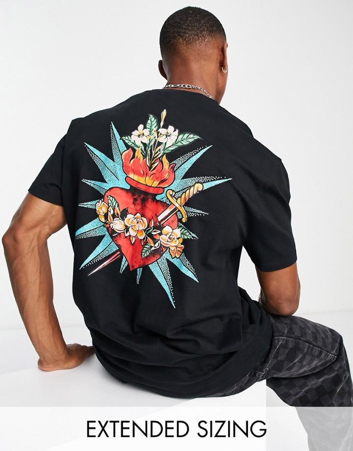 Asos Design Relaxed T-shirt In Black With Heart Tattoo Front & Back Print
