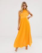 Asos Design High Neck Pleated Maxi Dress With Ruffle Detail - Yellow