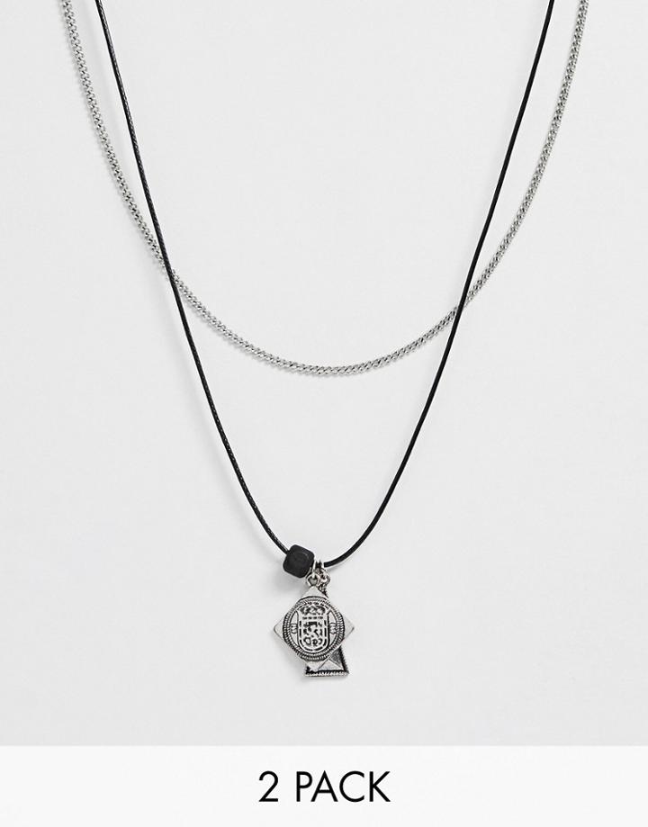 Bershka 2-pack Multi Pendant Necklace In Silver And Cord - Silver