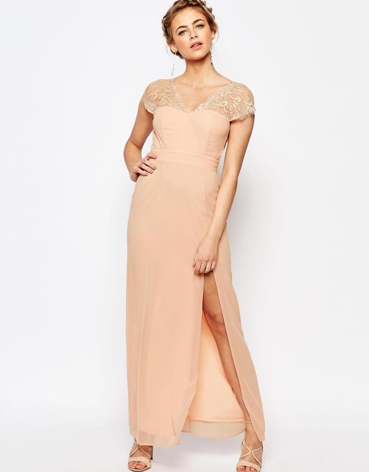 Elise Ryan Scalloped Lace Maxi Dress With V Back - Nude