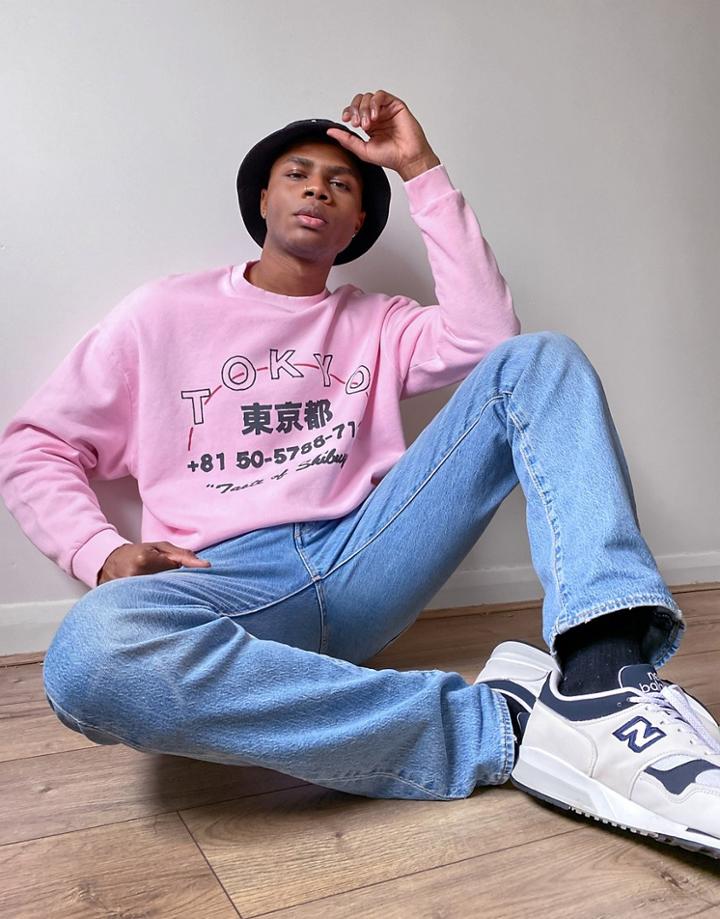 Asos Design Oversized Sweatshirt In Pink Acid Wash With Tokyo Chest Print