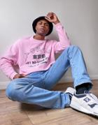 Asos Design Oversized Sweatshirt In Pink Acid Wash With Tokyo Chest Print