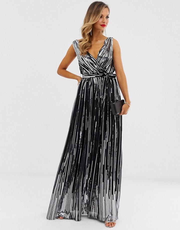 City Goddess Sequin Chiffon Wrap Maxi Dress-black