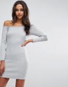 Asos Asymmetric Shoulder Rib Bodycon Dress With Long Sleeves - Gray
