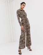 Prettylittlething Knot Front Shirt Jumpsuit In Leopard - Brown