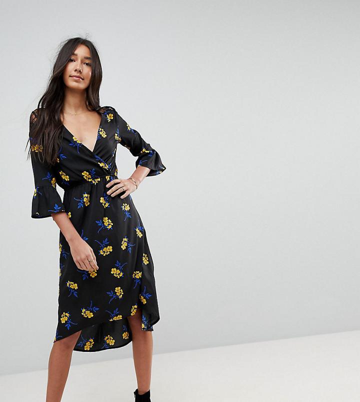 Influence Tall Lace Insert Floral Wrap Midi Dress With Frill Sleeves - Black