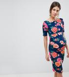 Asos Maternity Bardot Dress With Half Sleeve In Dark Floral - Multi