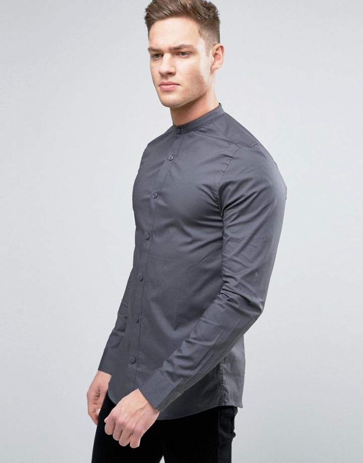 Only & Sons Skinny Full Placket Grandad Shirt - Gray
